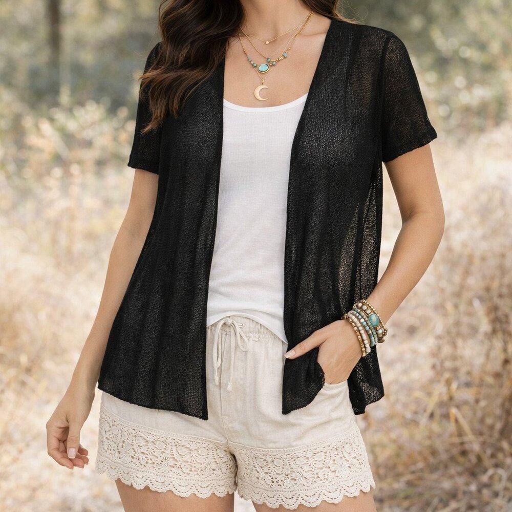Chicos Open Knit Cardigan Size 1 M Black Sheer Lightweight Shrug Rayon Nylon